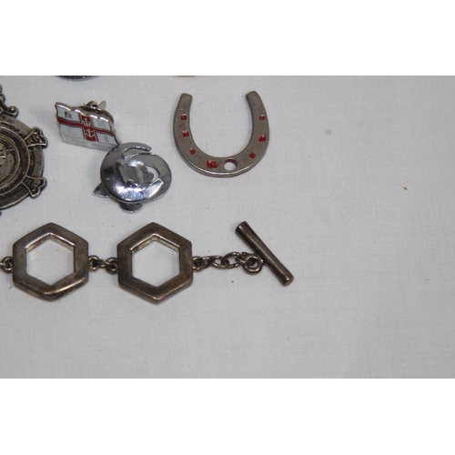 573 - QTY OF BADGES, FOBS, CHAINS ETC SOME ENAMELED
