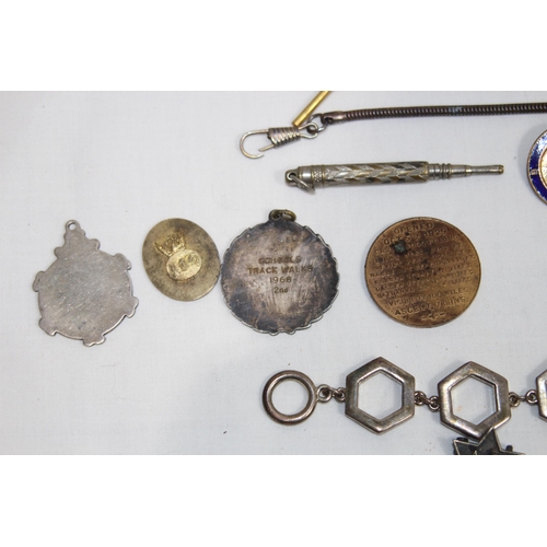 573 - QTY OF BADGES, FOBS, CHAINS ETC SOME ENAMELED