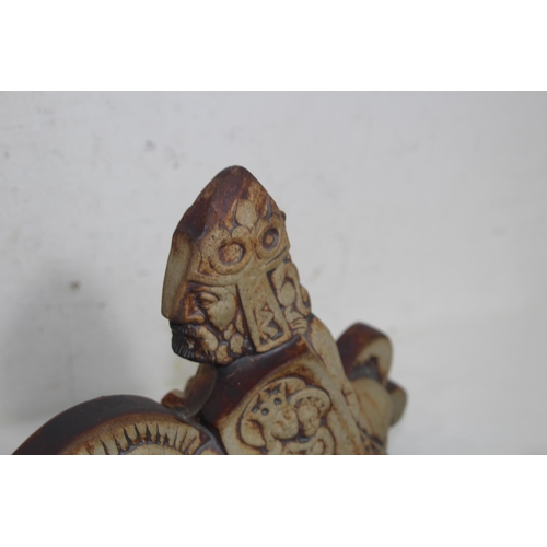 TWO QUANTOCK POTTERY FIGURES - KING ARTHUR AND GUINEVERE ON HORSEBACK 23CM