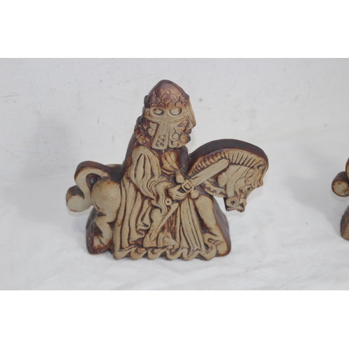 TWO QUANTOCK POTTERY FIGURES - KING ARTHUR AND GUINEVERE ON HORSEBACK 23CM