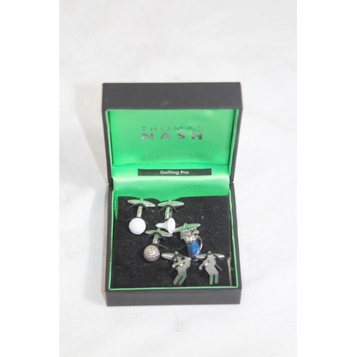 843 - THOMAS NASH GOLFING PRO THREE PAIRS OF CUFFLINKS IN PRESENTATION BOX