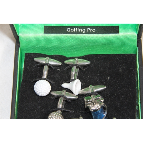 843 - THOMAS NASH GOLFING PRO THREE PAIRS OF CUFFLINKS IN PRESENTATION BOX