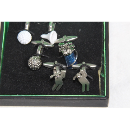 843 - THOMAS NASH GOLFING PRO THREE PAIRS OF CUFFLINKS IN PRESENTATION BOX