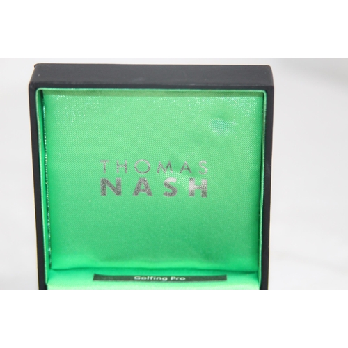 843 - THOMAS NASH GOLFING PRO THREE PAIRS OF CUFFLINKS IN PRESENTATION BOX
