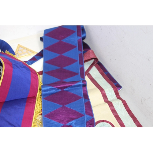 283 - TWO VINTAGE LEATHER CASES WITH MASONIC JEWELLED COLLARS, APRONS, EPHEMERA AND SELECTION OF MASONIC M... 