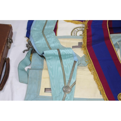 283 - TWO VINTAGE LEATHER CASES WITH MASONIC JEWELLED COLLARS, APRONS, EPHEMERA AND SELECTION OF MASONIC M... 