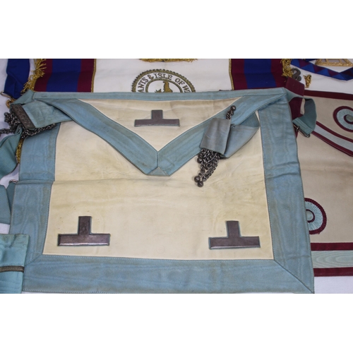 283 - TWO VINTAGE LEATHER CASES WITH MASONIC JEWELLED COLLARS, APRONS, EPHEMERA AND SELECTION OF MASONIC M... 