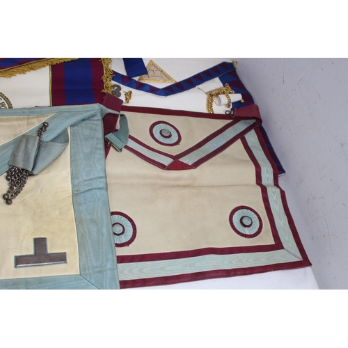 283 - TWO VINTAGE LEATHER CASES WITH MASONIC JEWELLED COLLARS, APRONS, EPHEMERA AND SELECTION OF MASONIC M... 