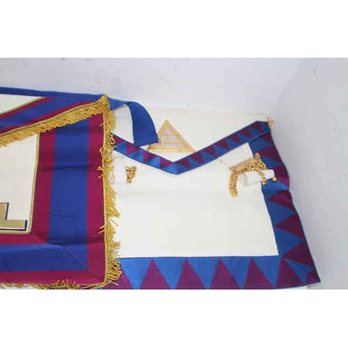 283 - TWO VINTAGE LEATHER CASES WITH MASONIC JEWELLED COLLARS, APRONS, EPHEMERA AND SELECTION OF MASONIC M... 