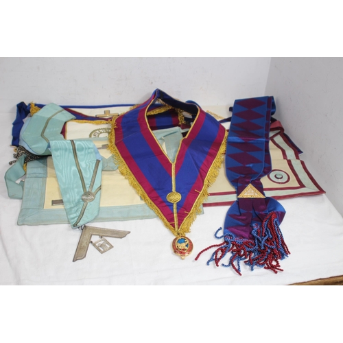 283 - TWO VINTAGE LEATHER CASES WITH MASONIC JEWELLED COLLARS, APRONS, EPHEMERA AND SELECTION OF MASONIC M... 