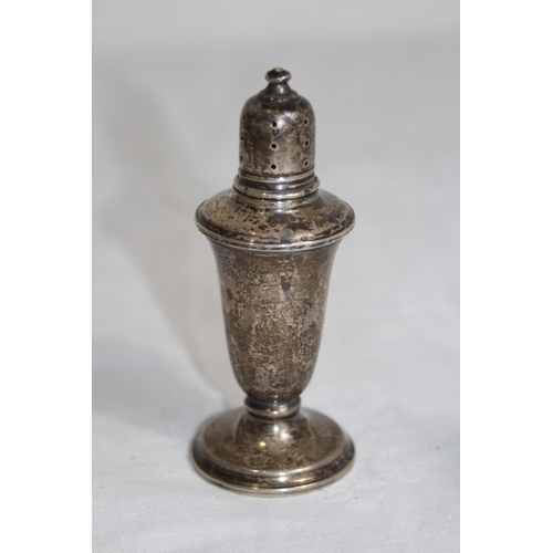 887 - PAIR OF LARGE STERLING SILVER SALT AND PEPPER POTS WITH WEIGHTED BASES AND LINERS, 169 GRAMS OVERALL