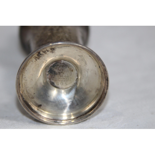 887 - PAIR OF LARGE STERLING SILVER SALT AND PEPPER POTS WITH WEIGHTED BASES AND LINERS, 169 GRAMS OVERALL