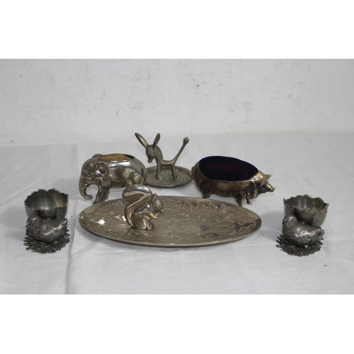 897 - SELECTION OF SILVER PLATE AND METAL ANIMALS THAT FORM AN ELEPHANT AND PIG PIN CUSHIONS, AND BIRD OPE... 