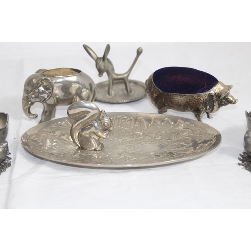 897 - SELECTION OF SILVER PLATE AND METAL ANIMALS THAT FORM AN ELEPHANT AND PIG PIN CUSHIONS, AND BIRD OPE... 
