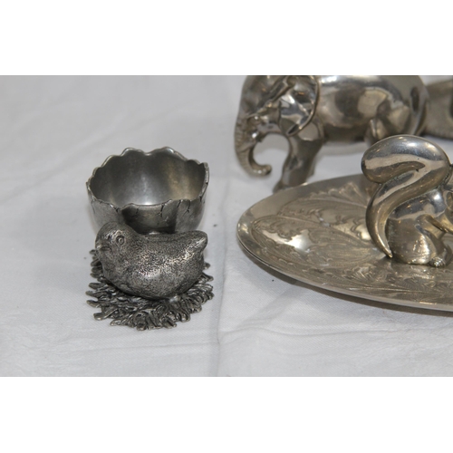 897 - SELECTION OF SILVER PLATE AND METAL ANIMALS THAT FORM AN ELEPHANT AND PIG PIN CUSHIONS, AND BIRD OPE... 