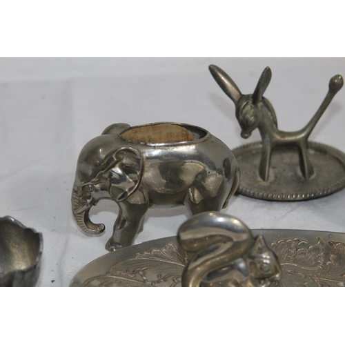 897 - SELECTION OF SILVER PLATE AND METAL ANIMALS THAT FORM AN ELEPHANT AND PIG PIN CUSHIONS, AND BIRD OPE... 