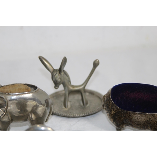 897 - SELECTION OF SILVER PLATE AND METAL ANIMALS THAT FORM AN ELEPHANT AND PIG PIN CUSHIONS, AND BIRD OPE... 
