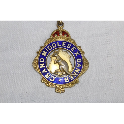 566 - SILVER & ENAMEL MASONIC BUFFALO MEDAL/JEWEL, LONDON 1958, 1959 INSCRIPTION - 27.8 GRAMS INC RIBBON