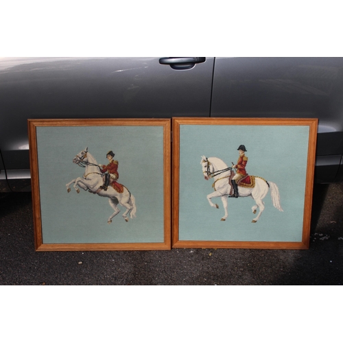 123 - PAIR OF QUALITY WOOL WORK EQUESTRIAN PICTURES 
68 X 66CM