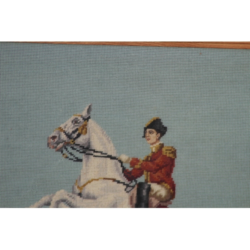 123 - PAIR OF QUALITY WOOL WORK EQUESTRIAN PICTURES 
68 X 66CM