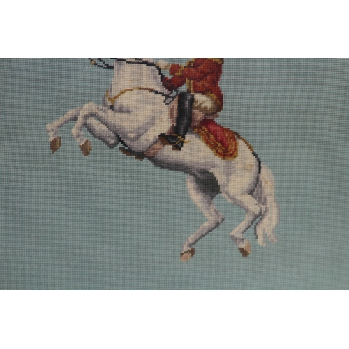 123 - PAIR OF QUALITY WOOL WORK EQUESTRIAN PICTURES 
68 X 66CM