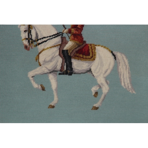123 - PAIR OF QUALITY WOOL WORK EQUESTRIAN PICTURES 
68 X 66CM