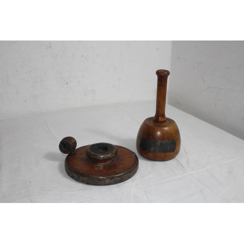 730 - VINTAGE WOODEN INKWELL AND STONE MASONS MALLET