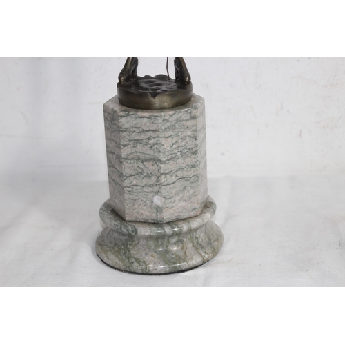 392 - BRONZE FIGURE RIDING CROP ON MARBLE BASE - BASE A/F
43CM