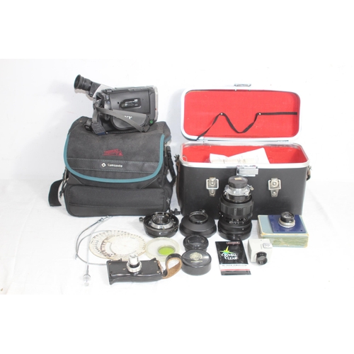 400 - CASE OF VINTAGE HAMIYA LENES, CASE AND SONY CAMCORDER