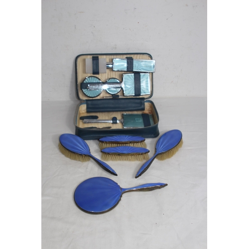 420 - GUILLOCHE ENAMEL DRESSING TABLE SET AND A CASED FAUX ENAMEL SET