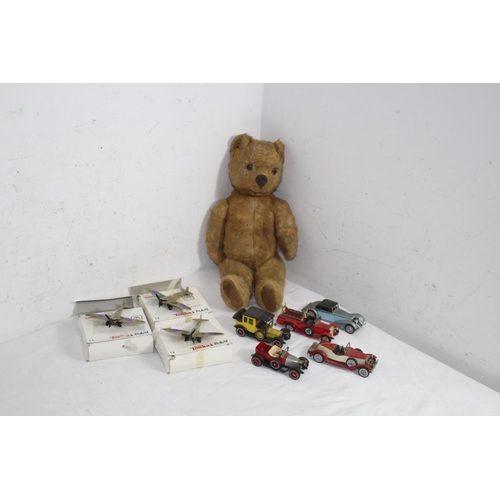 538 - THREE BOXED TONKA POLISTIL DIECAST SPITFIRE & HURRICANES, OTHER PLAY WORN CARS & A VINTAGE TEDDY BEA... 