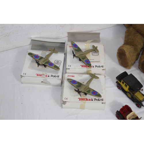 538 - THREE BOXED TONKA POLISTIL DIECAST SPITFIRE & HURRICANES, OTHER PLAY WORN CARS & A VINTAGE TEDDY BEA... 