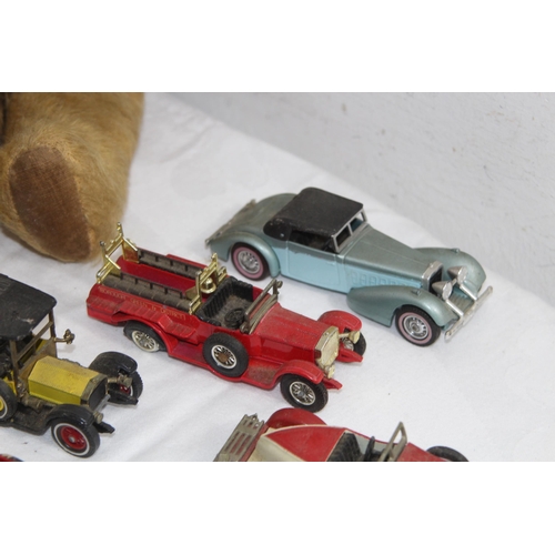 538 - THREE BOXED TONKA POLISTIL DIECAST SPITFIRE & HURRICANES, OTHER PLAY WORN CARS & A VINTAGE TEDDY BEA... 