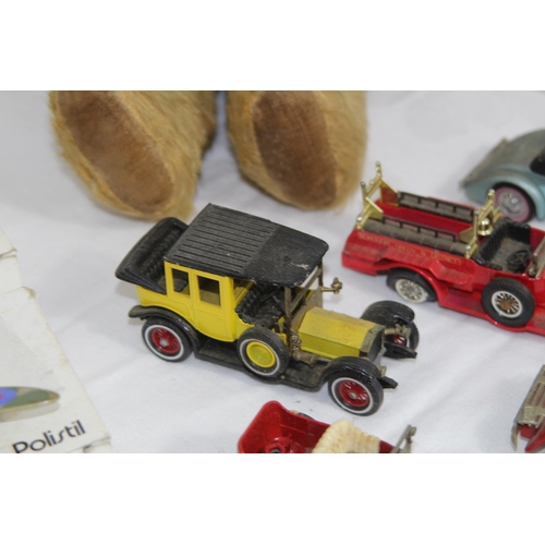 538 - THREE BOXED TONKA POLISTIL DIECAST SPITFIRE & HURRICANES, OTHER PLAY WORN CARS & A VINTAGE TEDDY BEA... 