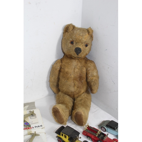 538 - THREE BOXED TONKA POLISTIL DIECAST SPITFIRE & HURRICANES, OTHER PLAY WORN CARS & A VINTAGE TEDDY BEA... 