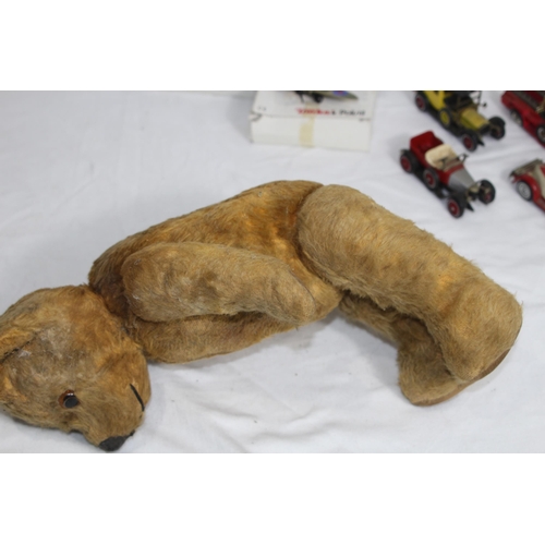 538 - THREE BOXED TONKA POLISTIL DIECAST SPITFIRE & HURRICANES, OTHER PLAY WORN CARS & A VINTAGE TEDDY BEA... 