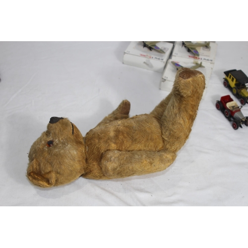 538 - THREE BOXED TONKA POLISTIL DIECAST SPITFIRE & HURRICANES, OTHER PLAY WORN CARS & A VINTAGE TEDDY BEA... 