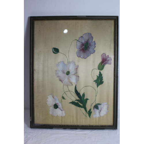 127 - ANTIQUE PAINTING ON SILK OF FLOWERS 
65 X 51CM
