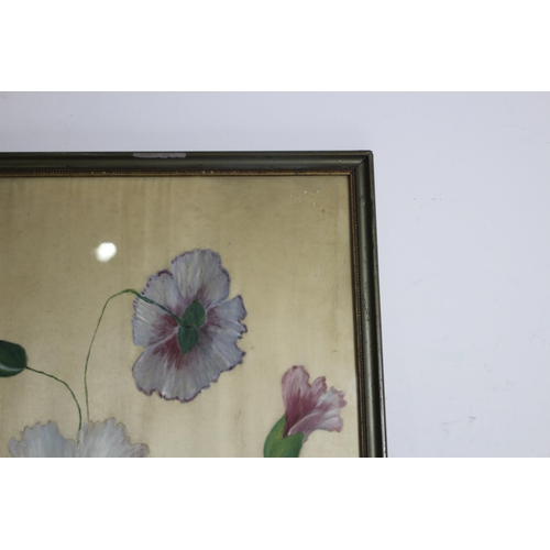 127 - ANTIQUE PAINTING ON SILK OF FLOWERS 
65 X 51CM