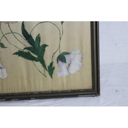 127 - ANTIQUE PAINTING ON SILK OF FLOWERS 
65 X 51CM