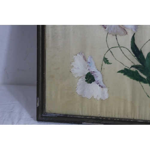 127 - ANTIQUE PAINTING ON SILK OF FLOWERS 
65 X 51CM