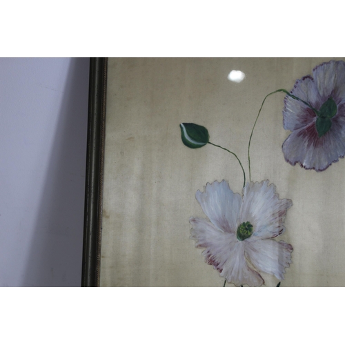 127 - ANTIQUE PAINTING ON SILK OF FLOWERS 
65 X 51CM