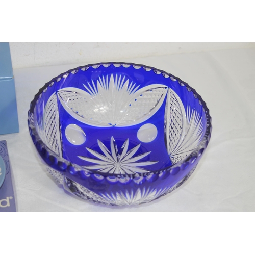 227 - BOHEMIAM BLUE CRYSTAL BOWL, WEDGWOOD AND OTHER CRYSTAL AND GLASS ITEMS