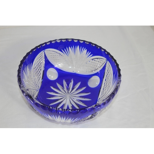 227 - BOHEMIAM BLUE CRYSTAL BOWL, WEDGWOOD AND OTHER CRYSTAL AND GLASS ITEMS