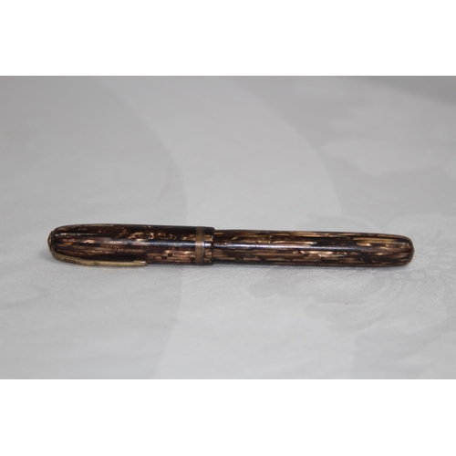 754 - VINTAGE MOORE 14 KT GOLD NIB FOUNTAIN PEN, WITH MOTTLED EFFECT INLAID BODY, NIB ALSO MARKED LIFE MAN... 