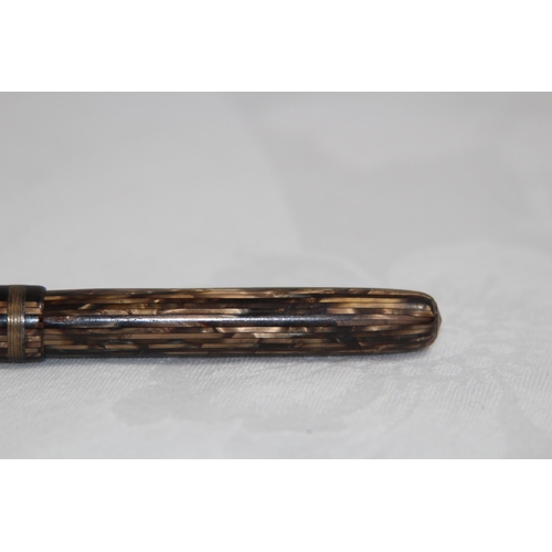 754 - VINTAGE MOORE 14 KT GOLD NIB FOUNTAIN PEN, WITH MOTTLED EFFECT INLAID BODY, NIB ALSO MARKED LIFE MAN... 