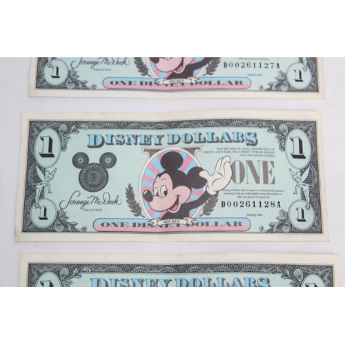 774 - RUN OF 3 SEQUENTIAL NUMBER VINTAGE DISNEY DOLLAR NOTES FROM 1990 SERIES