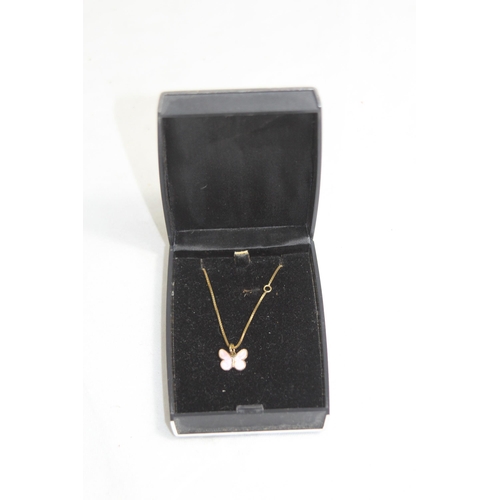 875 - GILT SILVER PINK ENAMEL BUTTERFLY PENDANT NECKLACE, BOXED