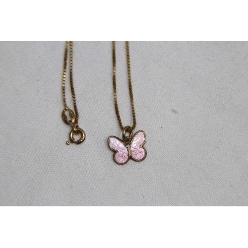 875 - GILT SILVER PINK ENAMEL BUTTERFLY PENDANT NECKLACE, BOXED