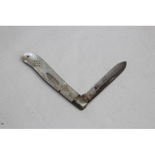 937 - EDWARDIAN SILVER & M.O.P. HANDLED FRUIT KNIFE, SHEFFIELD 1904